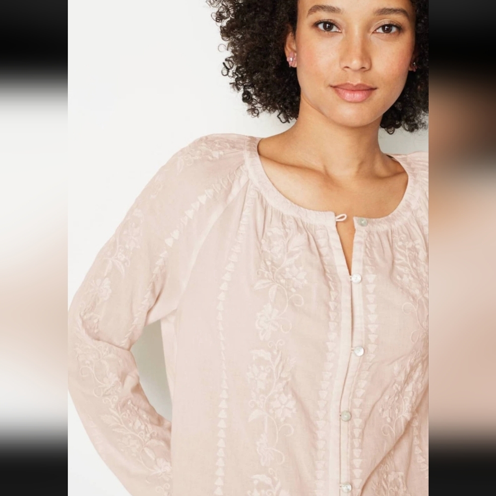 J. Jill Pale Blush Embroidered Button-Front Peasant Blouse - Picture 3 of 10